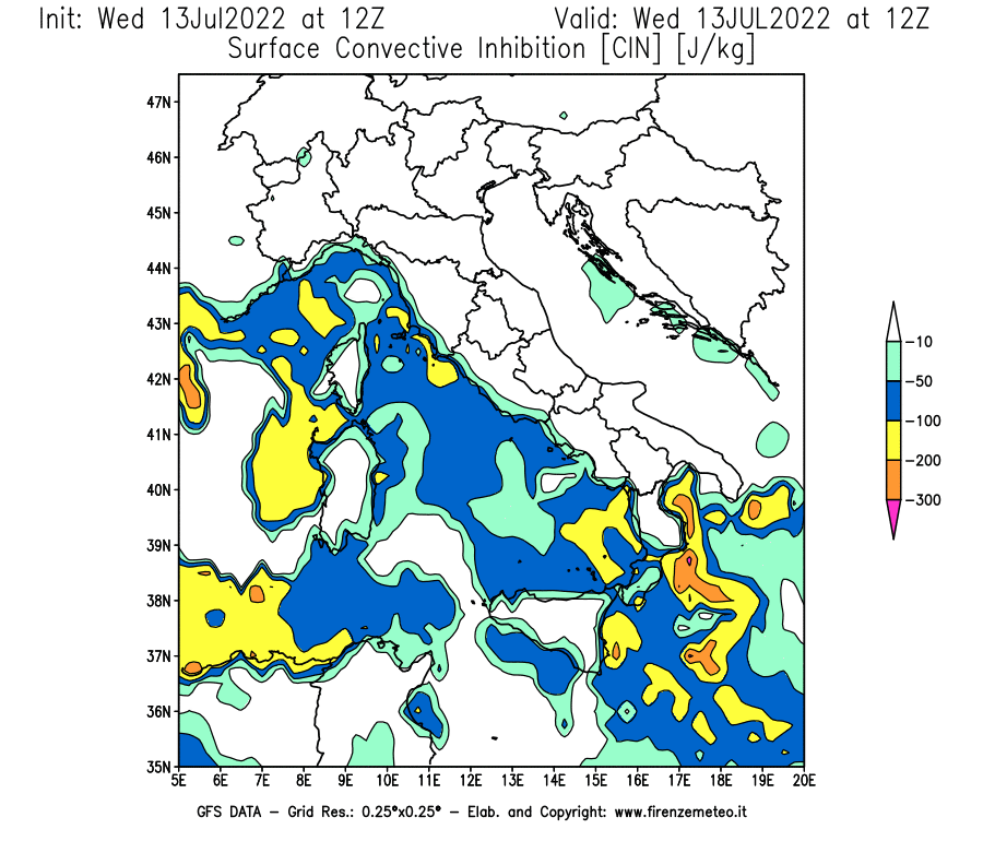 Mappa di analisi GFS - CIN [J/kg] in Italia
							del 13/07/2022 12 <!--googleoff: index-->UTC<!--googleon: index-->
