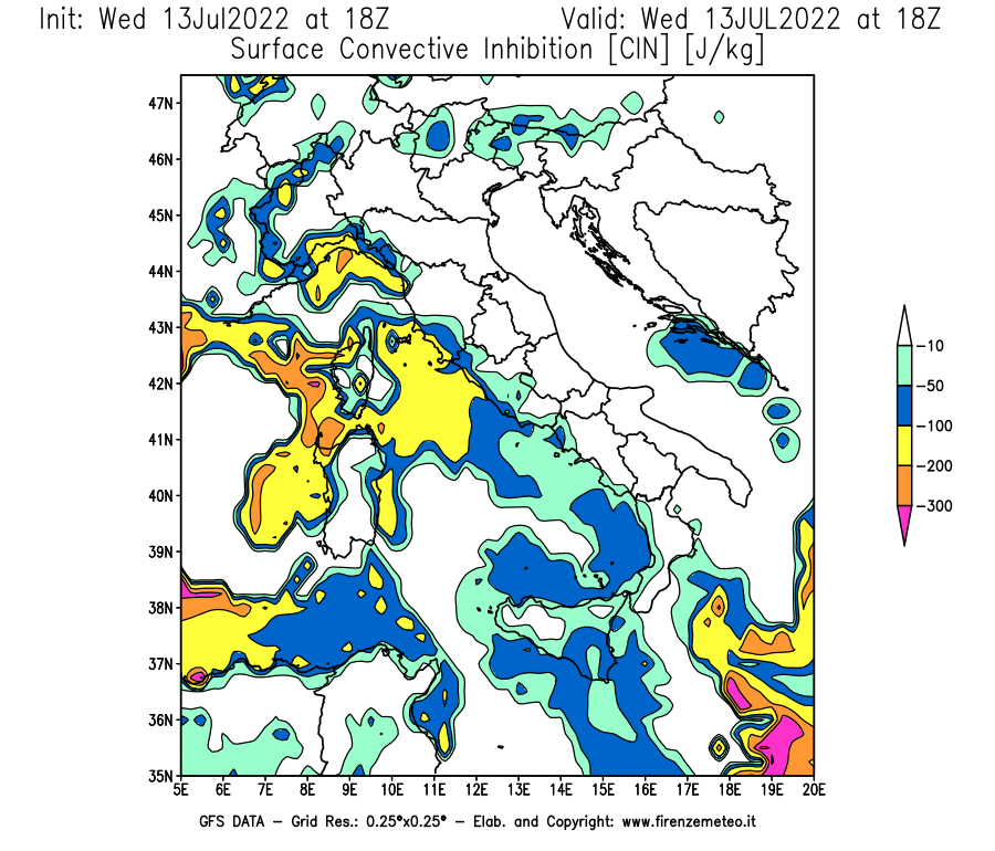 Mappa di analisi GFS - CIN [J/kg] in Italia
							del 13/07/2022 18 <!--googleoff: index-->UTC<!--googleon: index-->