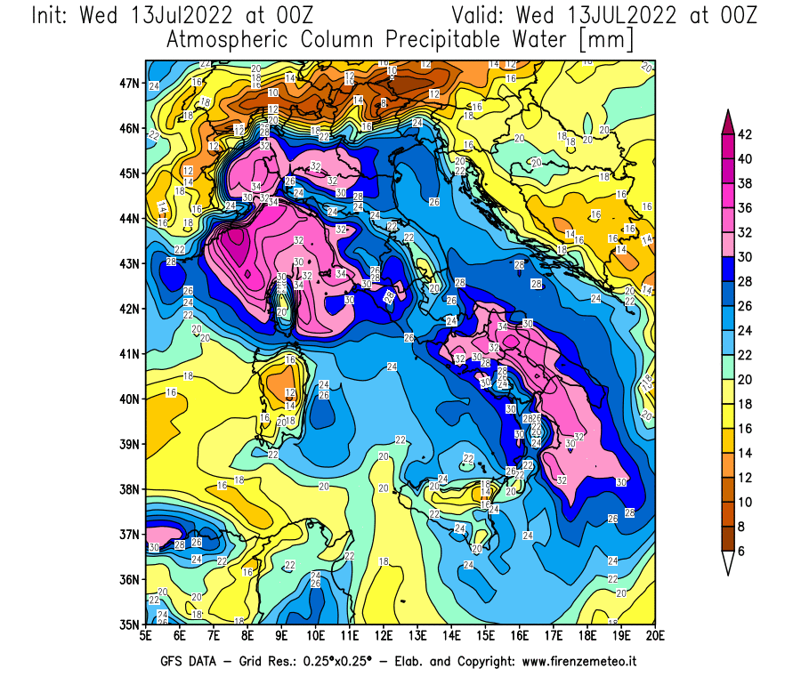 Mappa di analisi GFS - Precipitable Water [mm] in Italia
							del 13/07/2022 00 <!--googleoff: index-->UTC<!--googleon: index-->