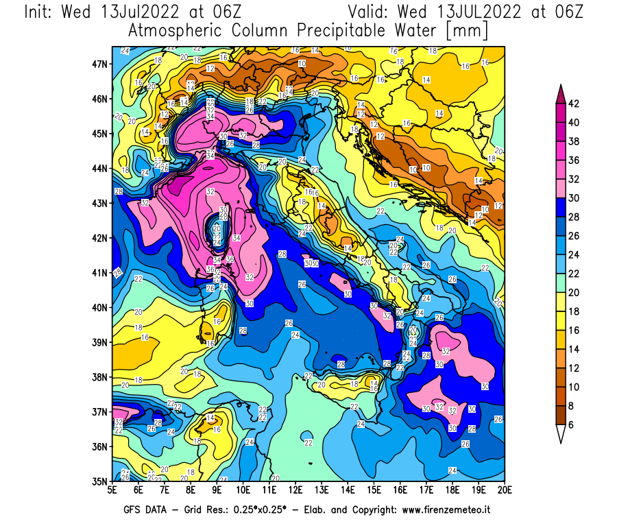 Mappa di analisi GFS - Precipitable Water [mm] in Italia
							del 13/07/2022 06 <!--googleoff: index-->UTC<!--googleon: index-->