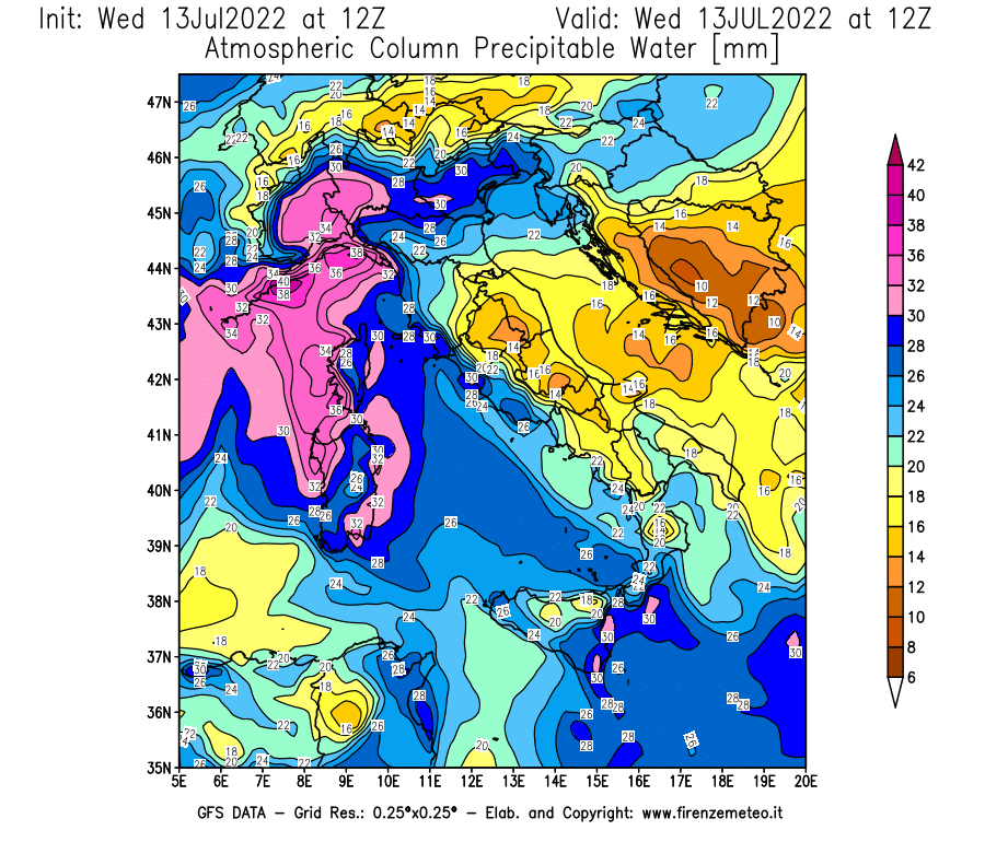 Mappa di analisi GFS - Precipitable Water [mm] in Italia
							del 13/07/2022 12 <!--googleoff: index-->UTC<!--googleon: index-->