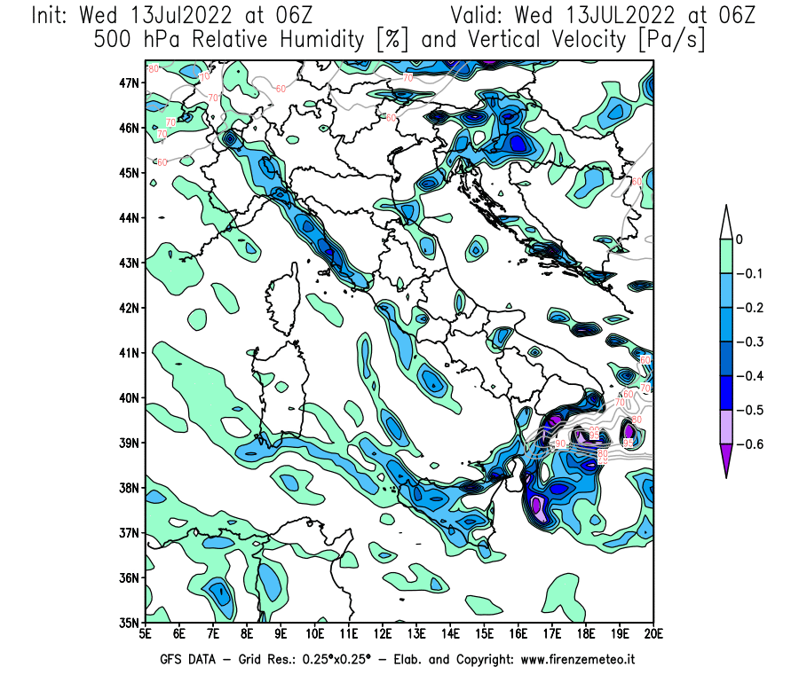 Mappa di analisi GFS - Umidità relativa [%] e Omega [Pa/s] a 500 hPa in Italia
							del 13/07/2022 06 <!--googleoff: index-->UTC<!--googleon: index-->
