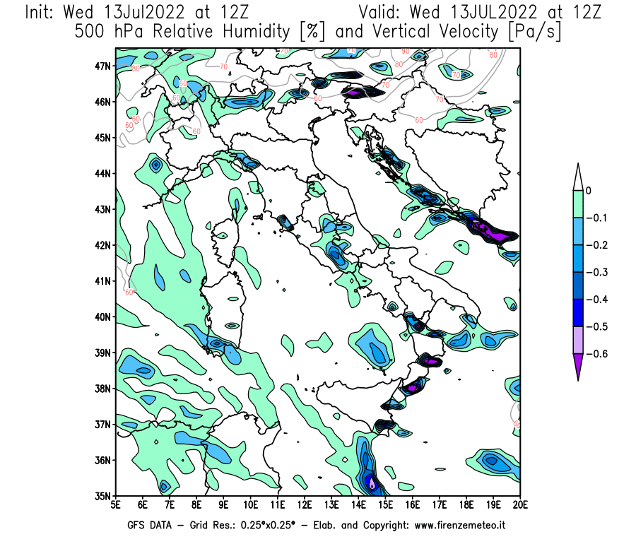 Mappa di analisi GFS - Umidità relativa [%] e Omega [Pa/s] a 500 hPa in Italia
							del 13/07/2022 12 <!--googleoff: index-->UTC<!--googleon: index-->