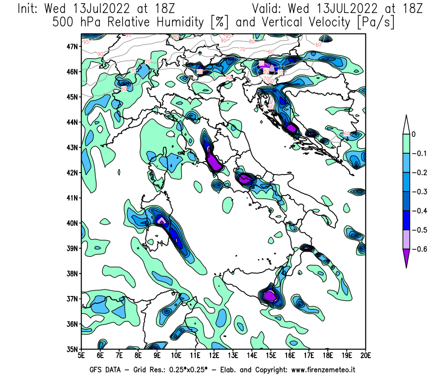 Mappa di analisi GFS - Umidità relativa [%] e Omega [Pa/s] a 500 hPa in Italia
							del 13/07/2022 18 <!--googleoff: index-->UTC<!--googleon: index-->