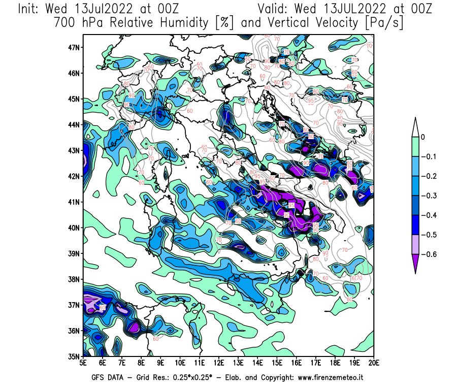 Mappa di analisi GFS - Umidità relativa [%] e Omega [Pa/s] a 700 hPa in Italia
							del 13/07/2022 00 <!--googleoff: index-->UTC<!--googleon: index-->
