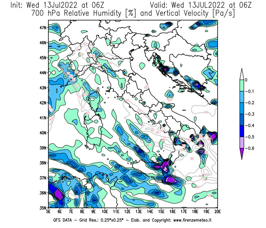 Mappa di analisi GFS - Umidità relativa [%] e Omega [Pa/s] a 700 hPa in Italia
							del 13/07/2022 06 <!--googleoff: index-->UTC<!--googleon: index-->