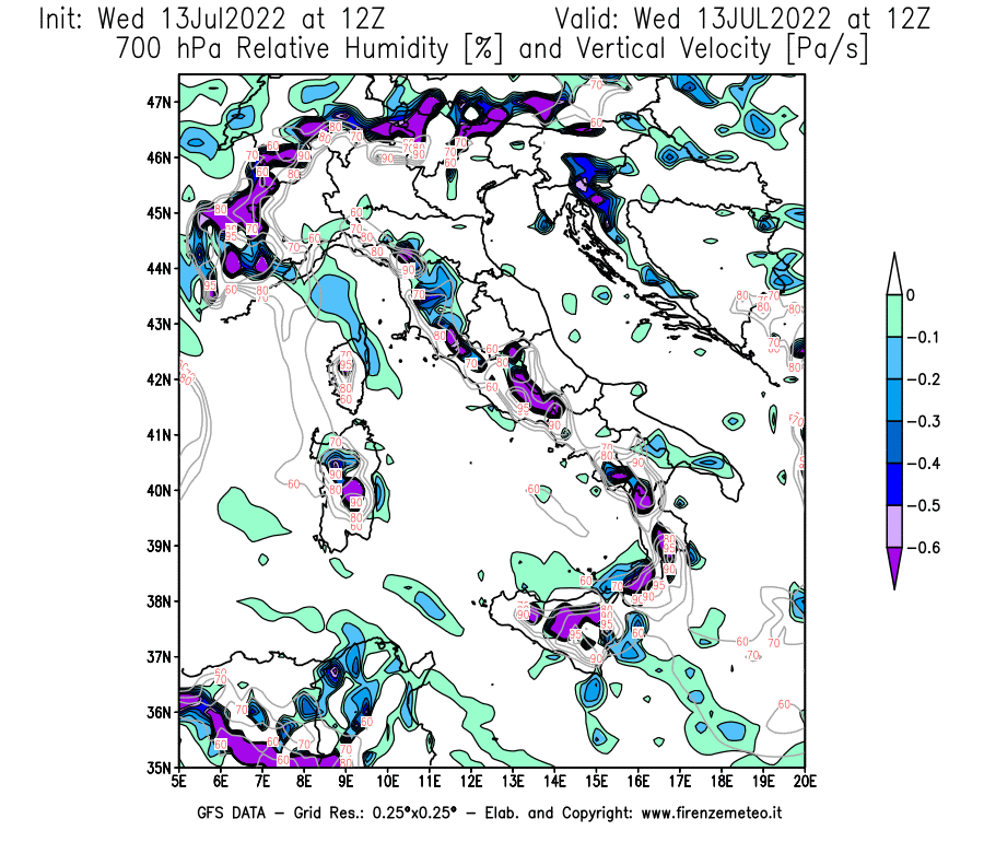 Mappa di analisi GFS - Umidità relativa [%] e Omega [Pa/s] a 700 hPa in Italia
							del 13/07/2022 12 <!--googleoff: index-->UTC<!--googleon: index-->