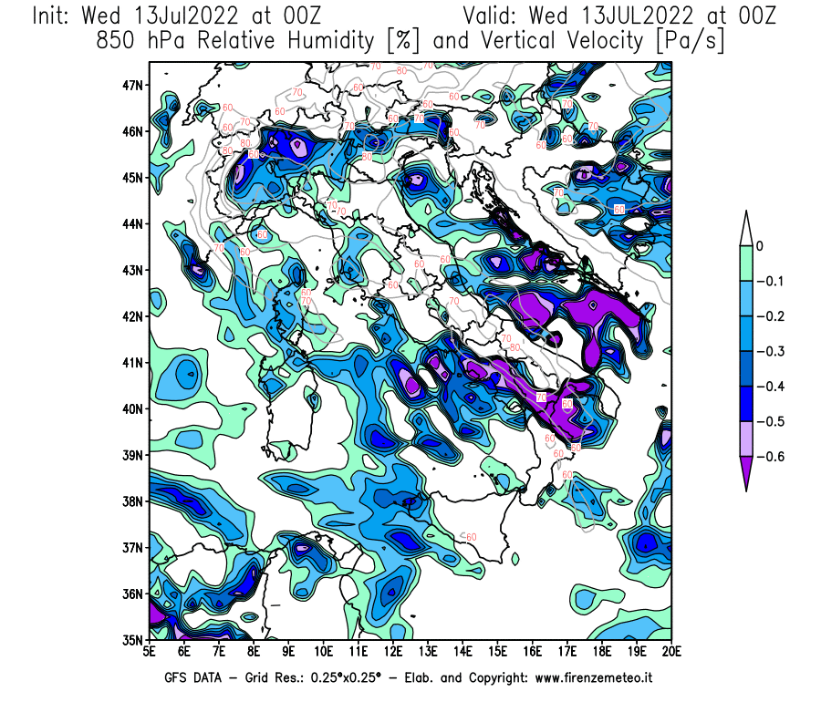 Mappa di analisi GFS - Umidità relativa [%] e Omega [Pa/s] a 850 hPa in Italia
							del 13/07/2022 00 <!--googleoff: index-->UTC<!--googleon: index-->