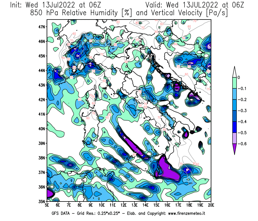 Mappa di analisi GFS - Umidità relativa [%] e Omega [Pa/s] a 850 hPa in Italia
							del 13/07/2022 06 <!--googleoff: index-->UTC<!--googleon: index-->