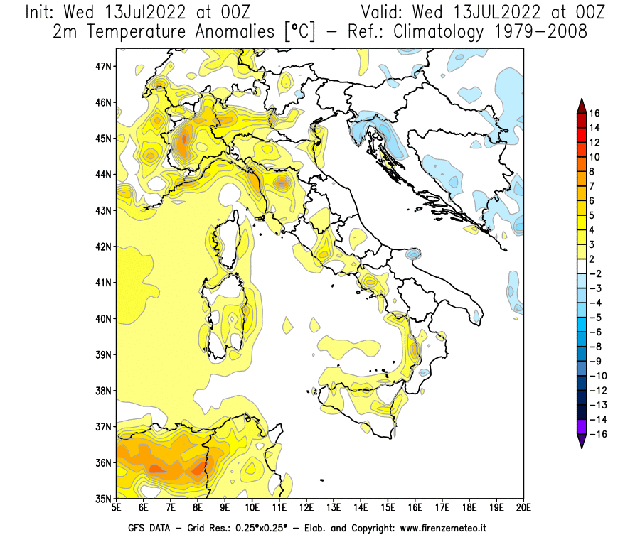 Mappa di analisi GFS - Anomalia Temperatura [°C] a 2 m in Italia
							del 13/07/2022 00 <!--googleoff: index-->UTC<!--googleon: index-->