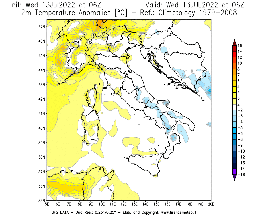 Mappa di analisi GFS - Anomalia Temperatura [°C] a 2 m in Italia
							del 13/07/2022 06 <!--googleoff: index-->UTC<!--googleon: index-->