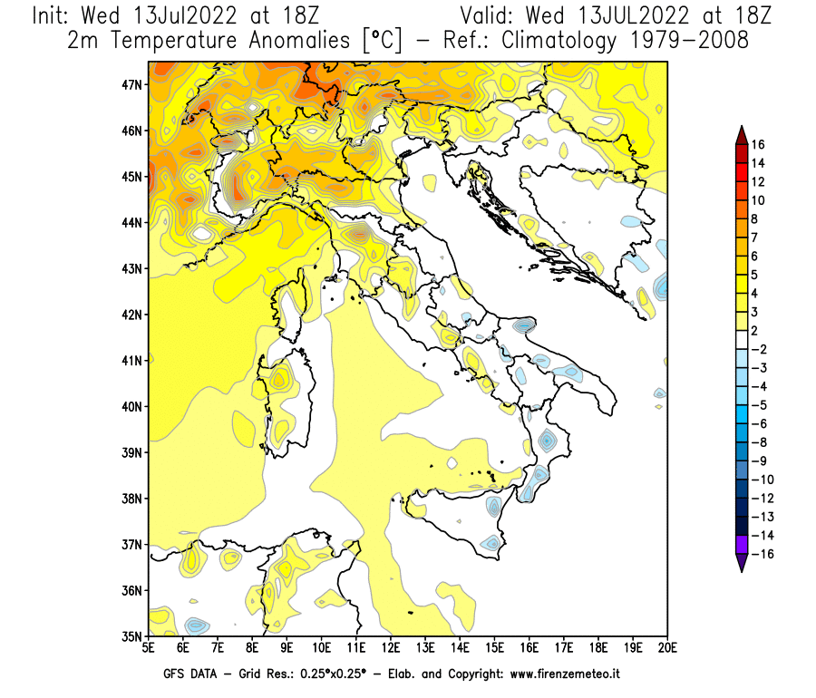 Mappa di analisi GFS - Anomalia Temperatura [°C] a 2 m in Italia
							del 13/07/2022 18 <!--googleoff: index-->UTC<!--googleon: index-->