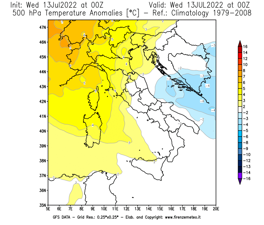 Mappa di analisi GFS - Anomalia Temperatura [°C] a 500 hPa in Italia
							del 13/07/2022 00 <!--googleoff: index-->UTC<!--googleon: index-->