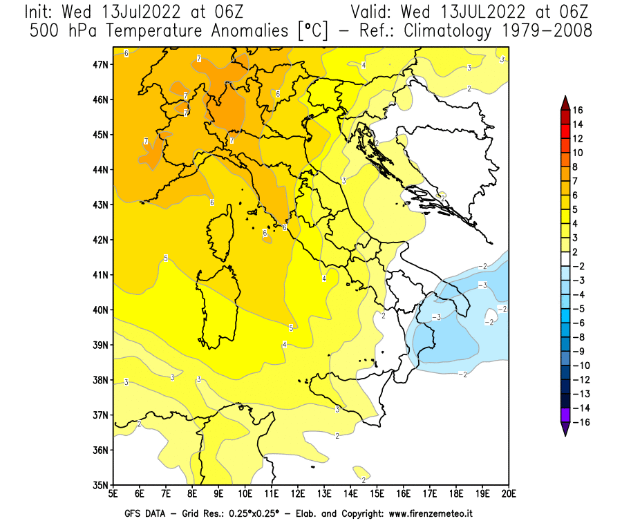 Mappa di analisi GFS - Anomalia Temperatura [°C] a 500 hPa in Italia
							del 13/07/2022 06 <!--googleoff: index-->UTC<!--googleon: index-->
