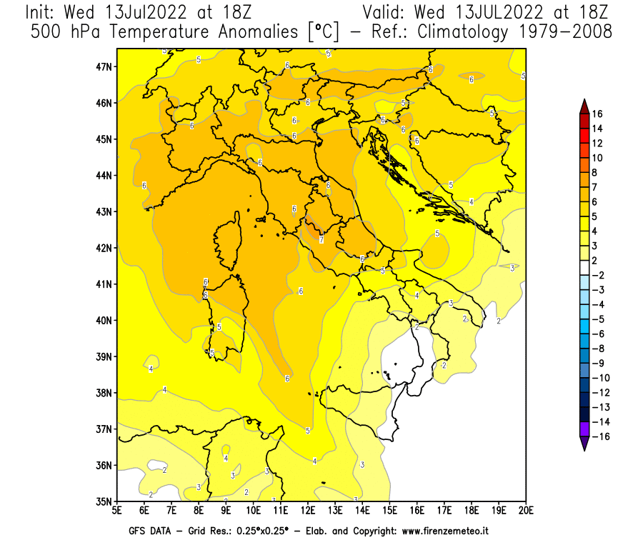 Mappa di analisi GFS - Anomalia Temperatura [°C] a 500 hPa in Italia
							del 13/07/2022 18 <!--googleoff: index-->UTC<!--googleon: index-->
