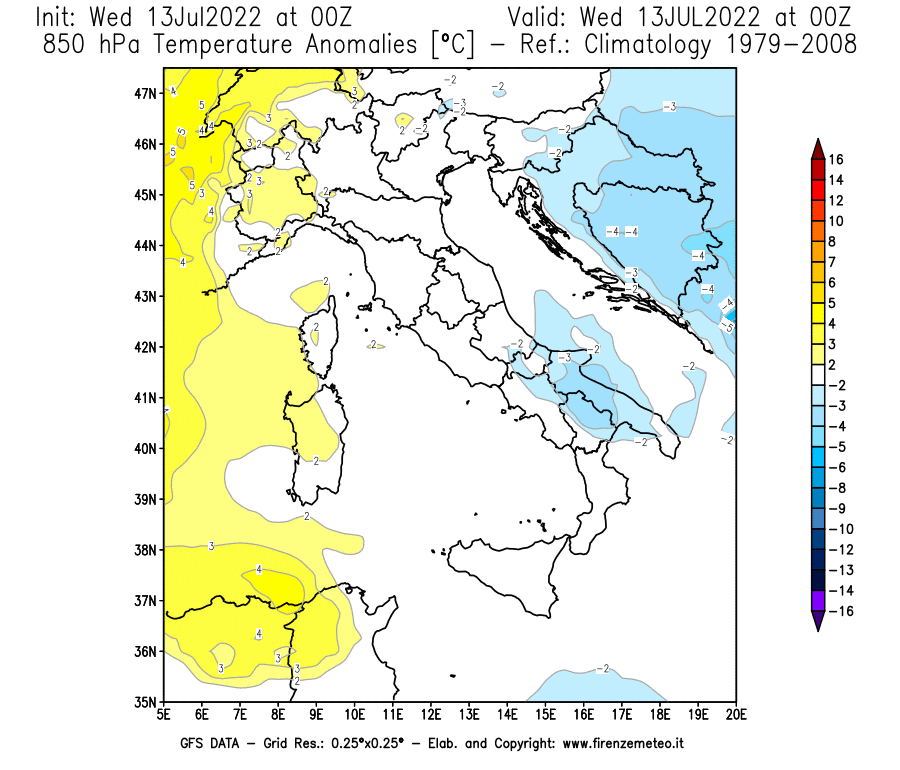 Mappa di analisi GFS - Anomalia Temperatura [°C] a 850 hPa in Italia
							del 13/07/2022 00 <!--googleoff: index-->UTC<!--googleon: index-->