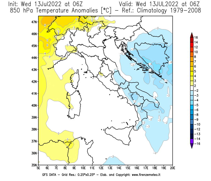 Mappa di analisi GFS - Anomalia Temperatura [°C] a 850 hPa in Italia
							del 13/07/2022 06 <!--googleoff: index-->UTC<!--googleon: index-->