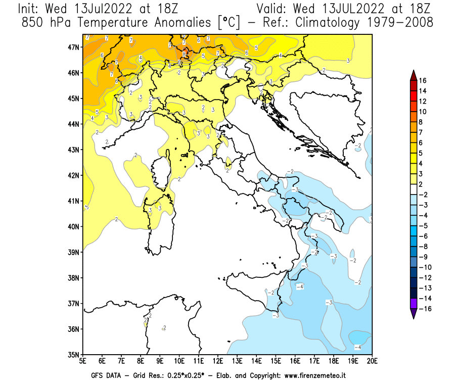 Mappa di analisi GFS - Anomalia Temperatura [°C] a 850 hPa in Italia
							del 13/07/2022 18 <!--googleoff: index-->UTC<!--googleon: index-->