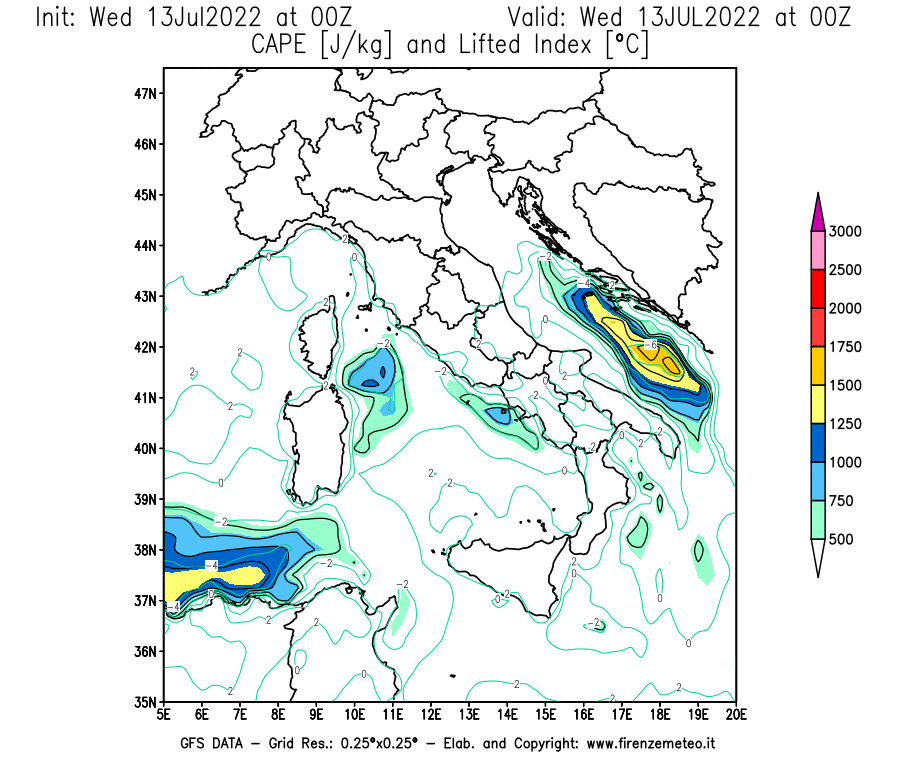 Mappa di analisi GFS - CAPE [J/kg] e Lifted Index [°C] in Italia
							del 13/07/2022 00 <!--googleoff: index-->UTC<!--googleon: index-->