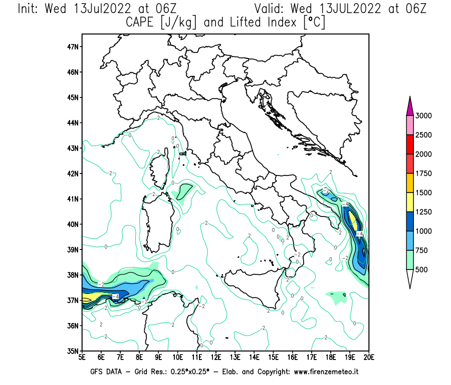 Mappa di analisi GFS - CAPE [J/kg] e Lifted Index [°C] in Italia
							del 13/07/2022 06 <!--googleoff: index-->UTC<!--googleon: index-->