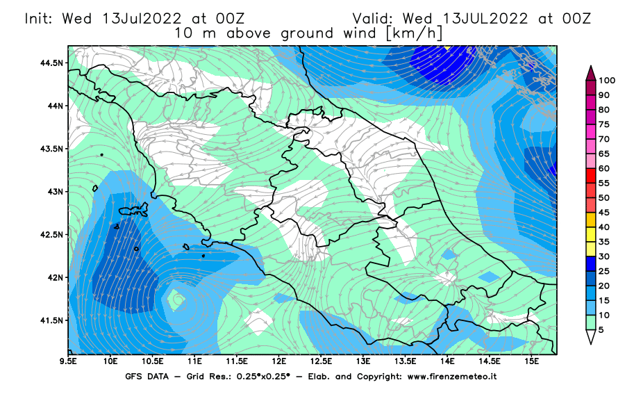 Mappa di analisi GFS - Velocità del vento a 10 metri dal suolo [km/h] in Centro-Italia
							del 13/07/2022 00 <!--googleoff: index-->UTC<!--googleon: index-->