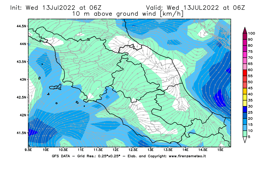 Mappa di analisi GFS - Velocità del vento a 10 metri dal suolo [km/h] in Centro-Italia
							del 13/07/2022 06 <!--googleoff: index-->UTC<!--googleon: index-->