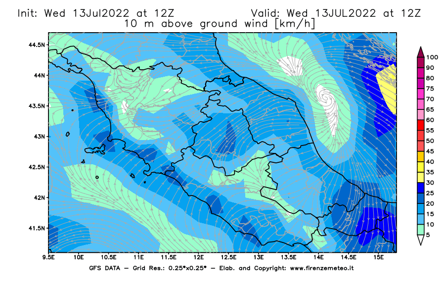 Mappa di analisi GFS - Velocità del vento a 10 metri dal suolo [km/h] in Centro-Italia
							del 13/07/2022 12 <!--googleoff: index-->UTC<!--googleon: index-->