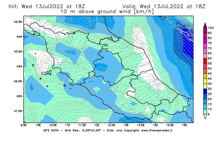 Mappa di analisi GFS - Velocità del vento a 10 metri dal suolo [km/h] in Centro-Italia
							del 13/07/2022 18 <!--googleoff: index-->UTC<!--googleon: index-->