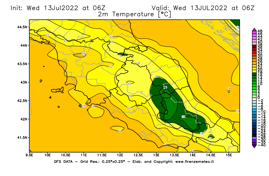 Mappa di analisi GFS - Temperatura a 2 metri dal suolo [°C] in Centro-Italia
							del 13/07/2022 06 <!--googleoff: index-->UTC<!--googleon: index-->