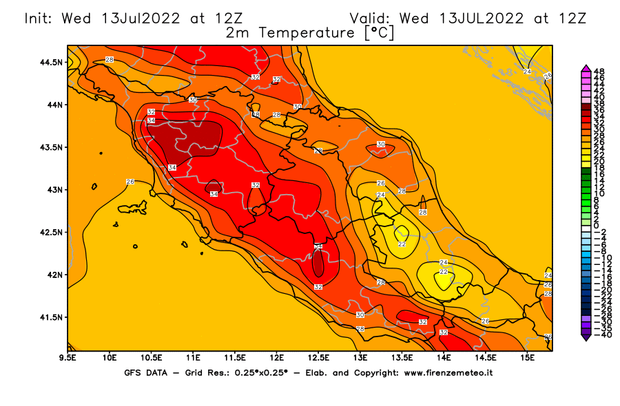 Mappa di analisi GFS - Temperatura a 2 metri dal suolo [°C] in Centro-Italia
							del 13/07/2022 12 <!--googleoff: index-->UTC<!--googleon: index-->