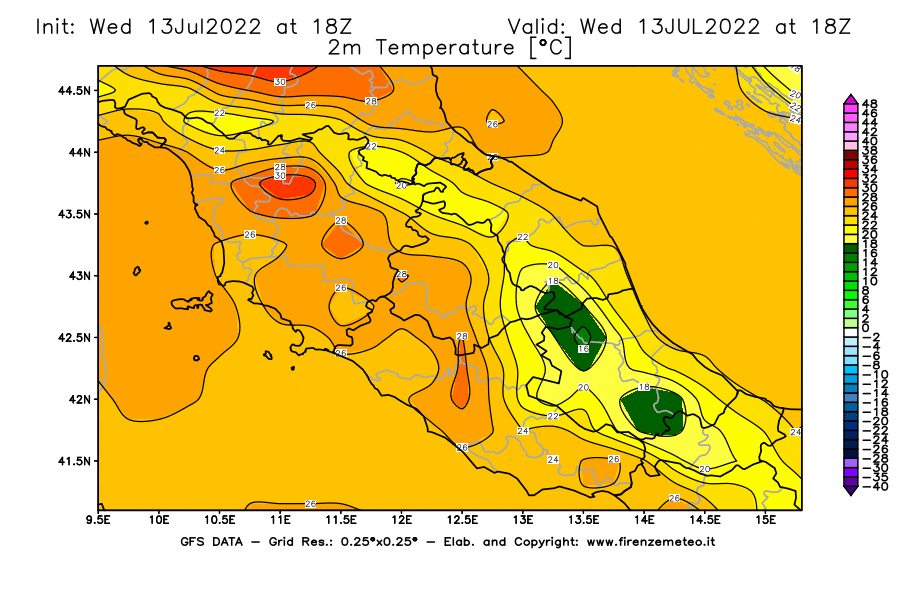 Mappa di analisi GFS - Temperatura a 2 metri dal suolo [°C] in Centro-Italia
							del 13/07/2022 18 <!--googleoff: index-->UTC<!--googleon: index-->