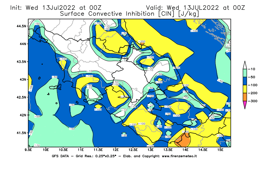 Mappa di analisi GFS - CIN [J/kg] in Centro-Italia
							del 13/07/2022 00 <!--googleoff: index-->UTC<!--googleon: index-->