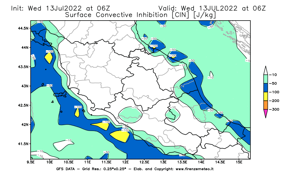 Mappa di analisi GFS - CIN [J/kg] in Centro-Italia
							del 13/07/2022 06 <!--googleoff: index-->UTC<!--googleon: index-->