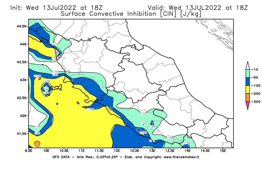 Mappa di analisi GFS - CIN [J/kg] in Centro-Italia
							del 13/07/2022 18 <!--googleoff: index-->UTC<!--googleon: index-->