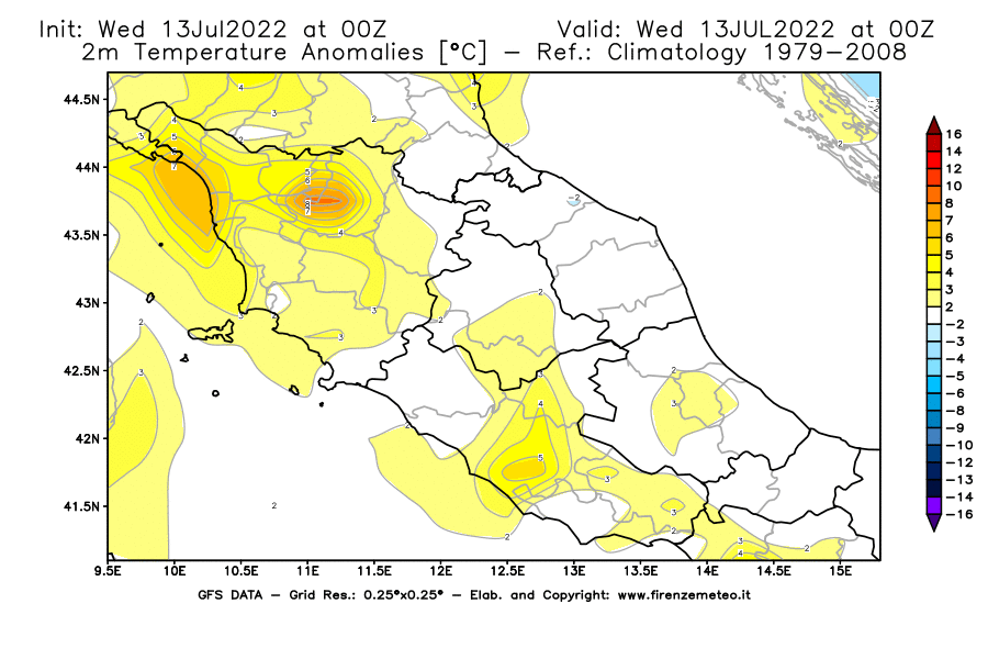 Mappa di analisi GFS - Anomalia Temperatura [°C] a 2 m in Centro-Italia
							del 13/07/2022 00 <!--googleoff: index-->UTC<!--googleon: index-->
