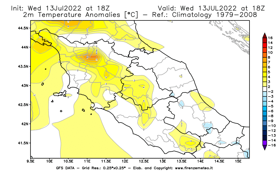 Mappa di analisi GFS - Anomalia Temperatura [°C] a 2 m in Centro-Italia
							del 13/07/2022 18 <!--googleoff: index-->UTC<!--googleon: index-->