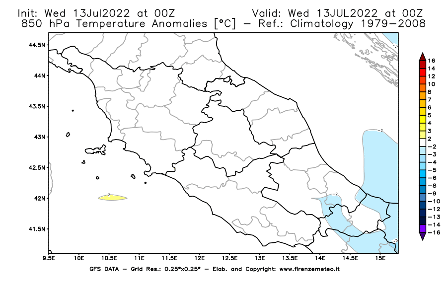 Mappa di analisi GFS - Anomalia Temperatura [°C] a 850 hPa in Centro-Italia
							del 13/07/2022 00 <!--googleoff: index-->UTC<!--googleon: index-->