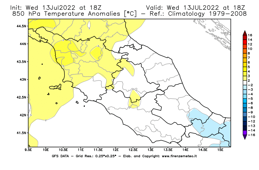 Mappa di analisi GFS - Anomalia Temperatura [°C] a 850 hPa in Centro-Italia
							del 13/07/2022 18 <!--googleoff: index-->UTC<!--googleon: index-->