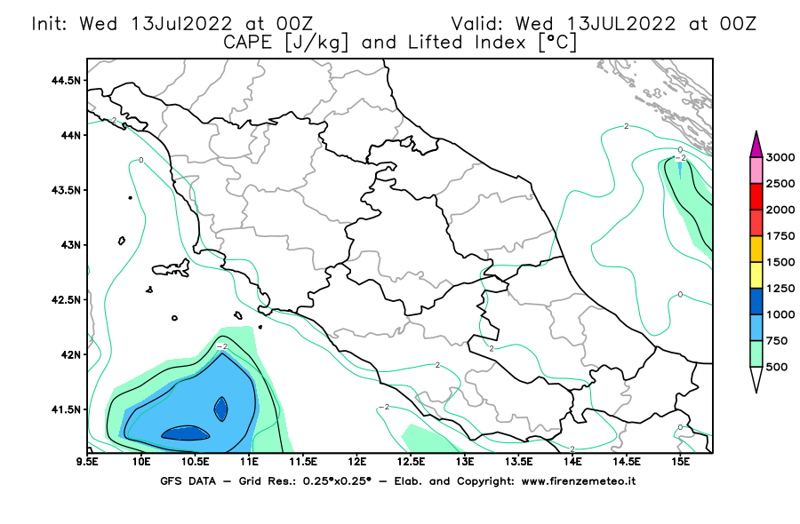 Mappa di analisi GFS - CAPE [J/kg] e Lifted Index [°C] in Centro-Italia
							del 13/07/2022 00 <!--googleoff: index-->UTC<!--googleon: index-->