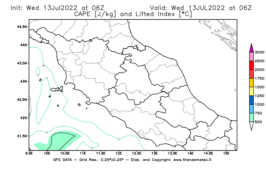 Mappa di analisi GFS - CAPE [J/kg] e Lifted Index [°C] in Centro-Italia
							del 13/07/2022 06 <!--googleoff: index-->UTC<!--googleon: index-->