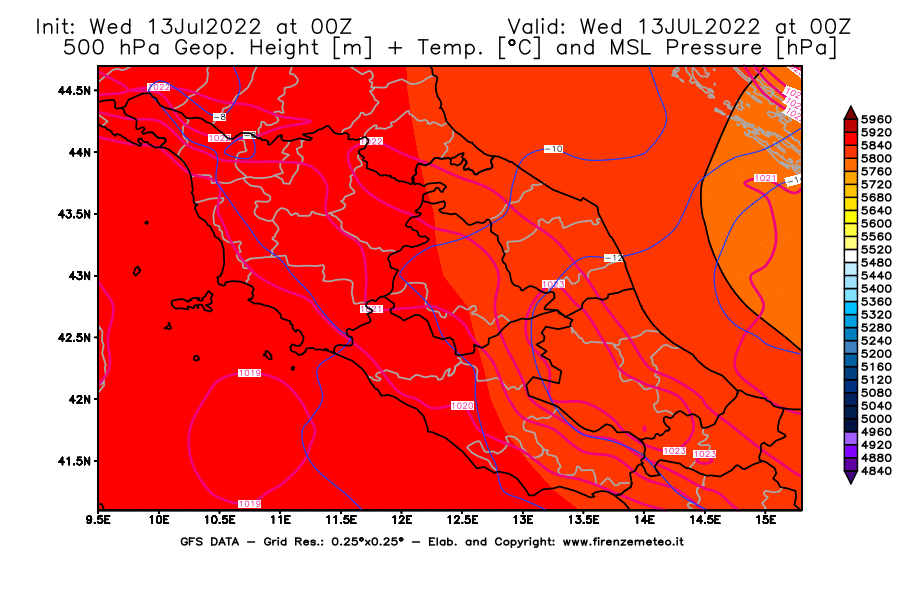 Mappa di analisi GFS - Geopotenziale [m] + Temp. [°C] a 500 hPa + Press. a livello del mare [hPa] in Centro-Italia
							del 13/07/2022 00 <!--googleoff: index-->UTC<!--googleon: index-->