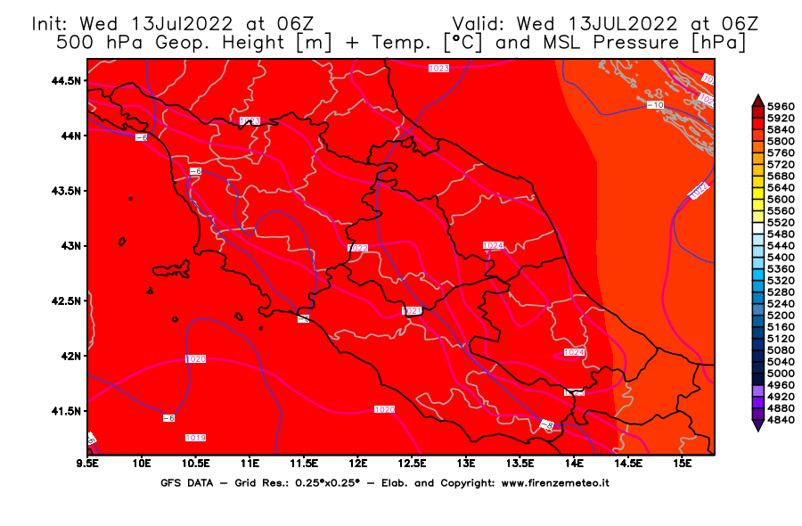 Mappa di analisi GFS - Geopotenziale [m] + Temp. [°C] a 500 hPa + Press. a livello del mare [hPa] in Centro-Italia
							del 13/07/2022 06 <!--googleoff: index-->UTC<!--googleon: index-->