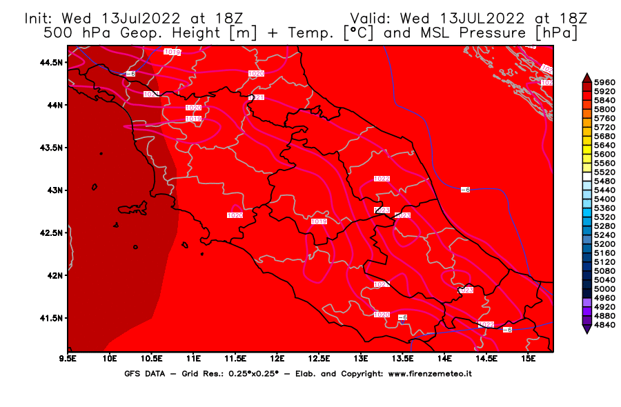 Mappa di analisi GFS - Geopotenziale [m] + Temp. [°C] a 500 hPa + Press. a livello del mare [hPa] in Centro-Italia
							del 13/07/2022 18 <!--googleoff: index-->UTC<!--googleon: index-->
