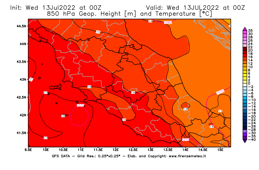 Mappa di analisi GFS - Geopotenziale [m] e Temperatura [°C] a 850 hPa in Centro-Italia
							del 13/07/2022 00 <!--googleoff: index-->UTC<!--googleon: index-->