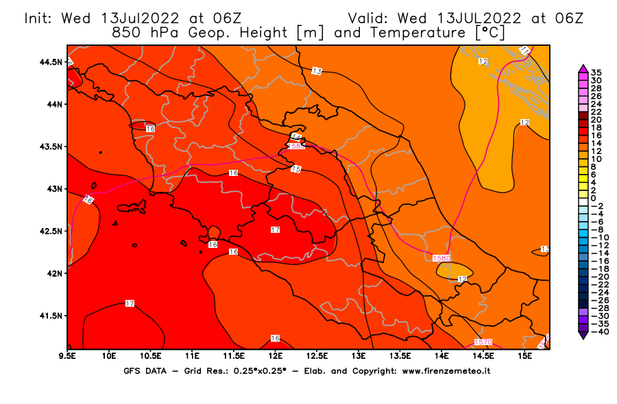 Mappa di analisi GFS - Geopotenziale [m] e Temperatura [°C] a 850 hPa in Centro-Italia
							del 13/07/2022 06 <!--googleoff: index-->UTC<!--googleon: index-->