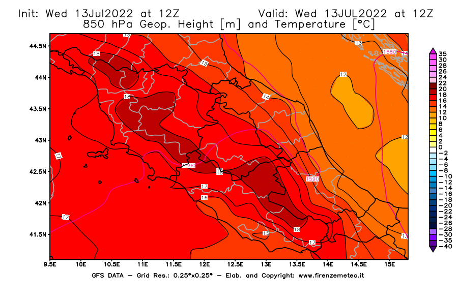 Mappa di analisi GFS - Geopotenziale [m] e Temperatura [°C] a 850 hPa in Centro-Italia
							del 13/07/2022 12 <!--googleoff: index-->UTC<!--googleon: index-->