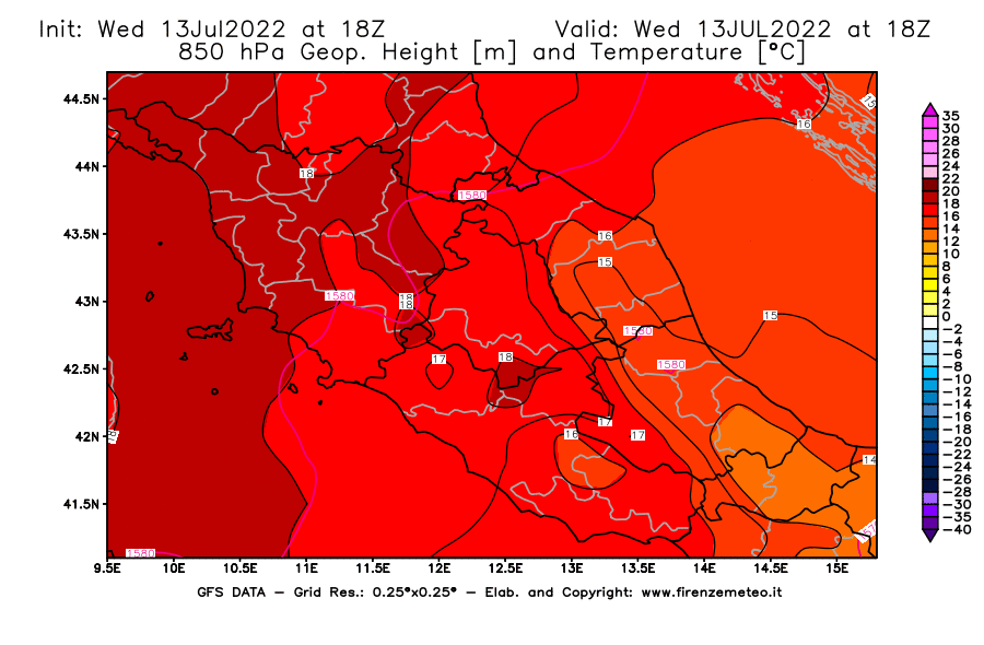 Mappa di analisi GFS - Geopotenziale [m] e Temperatura [°C] a 850 hPa in Centro-Italia
							del 13/07/2022 18 <!--googleoff: index-->UTC<!--googleon: index-->