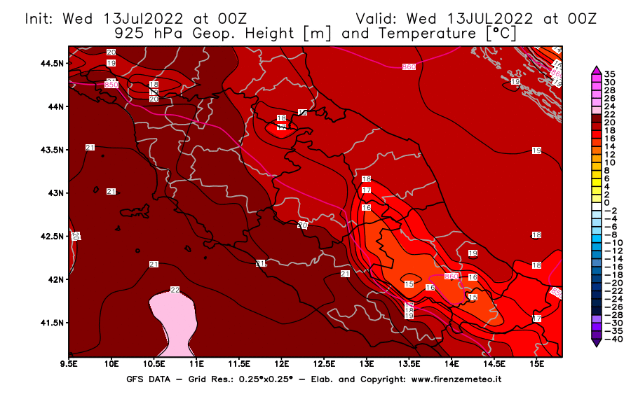 Mappa di analisi GFS - Geopotenziale [m] e Temperatura [°C] a 925 hPa in Centro-Italia
							del 13/07/2022 00 <!--googleoff: index-->UTC<!--googleon: index-->