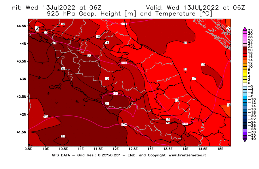 Mappa di analisi GFS - Geopotenziale [m] e Temperatura [°C] a 925 hPa in Centro-Italia
							del 13/07/2022 06 <!--googleoff: index-->UTC<!--googleon: index-->