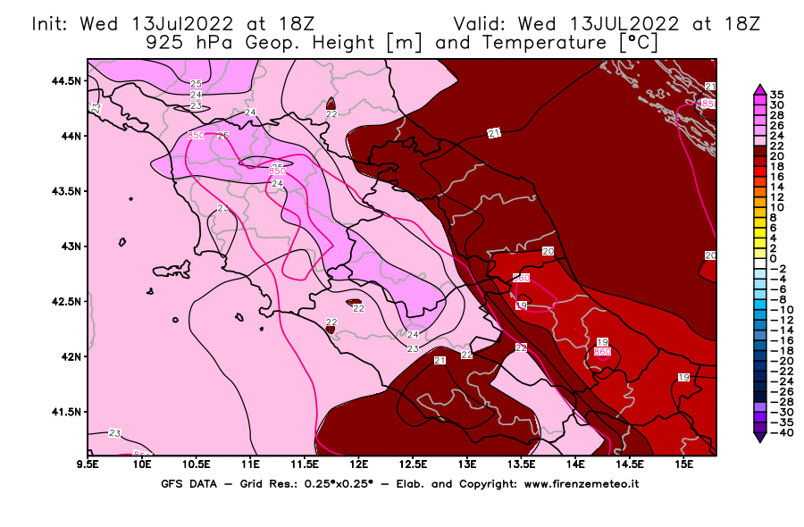 Mappa di analisi GFS - Geopotenziale [m] e Temperatura [°C] a 925 hPa in Centro-Italia
							del 13/07/2022 18 <!--googleoff: index-->UTC<!--googleon: index-->